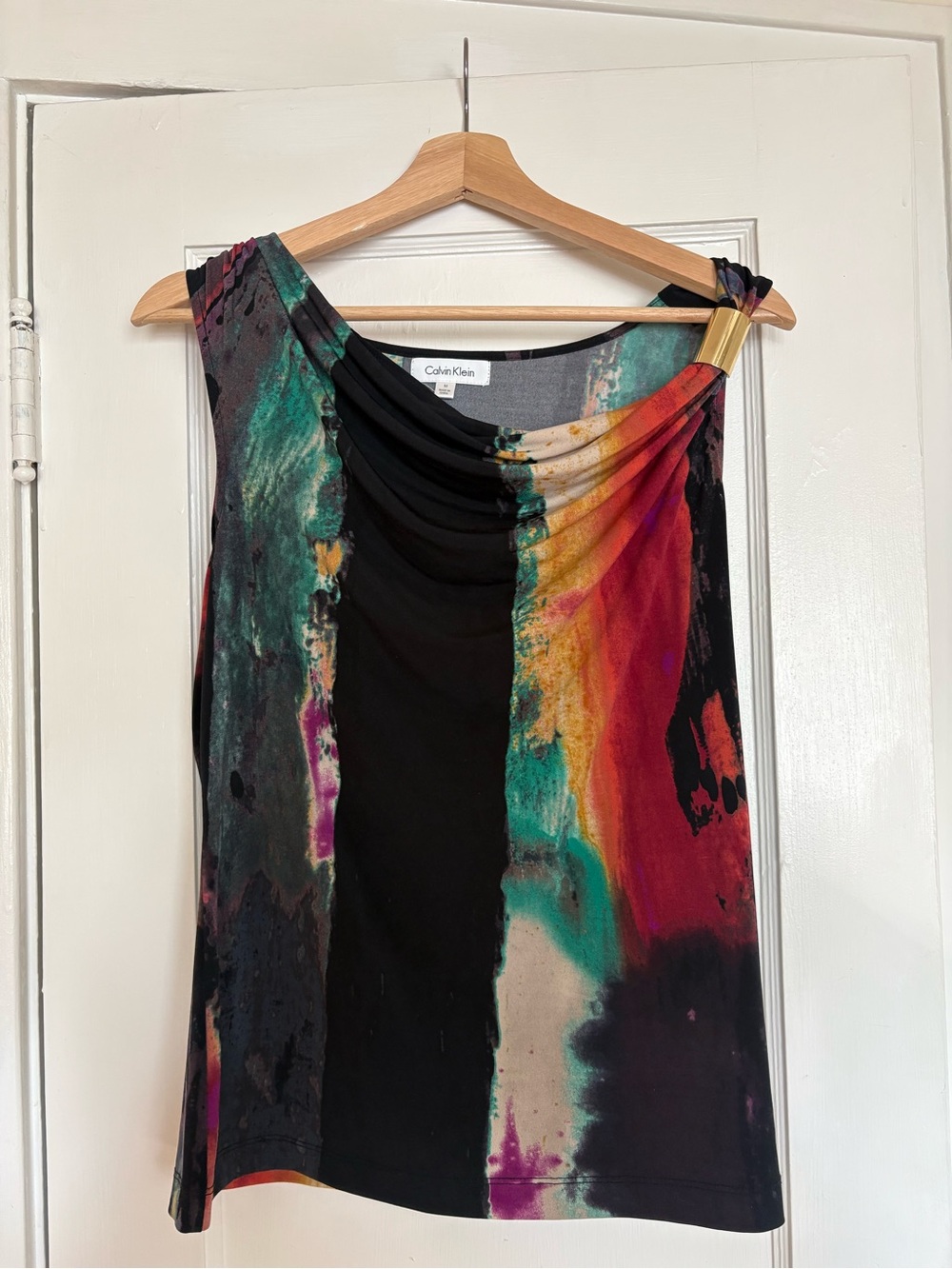 Calvin Klein Black Multicolor One-Shoulder Top with Gold Accent